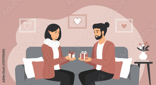 Couple Exchanging Gifts In Cozy Home Setting Celebrating Special Occasion