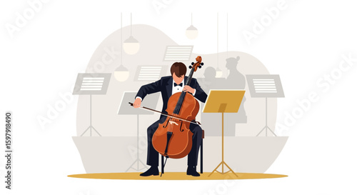 Elegant Cellist Performing in a Concert Hall with Orchestra and Music Stand Illustration