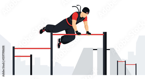 Athletic Man Performing Parkour Over Obstacles In An Urban Setting Vector