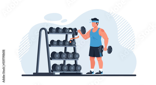 Athletic Man Lifting Weights at Fitness Center With Dumbbell Rack