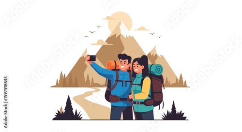Couple Hiking In The Mountains Taking A Selfie On A Sunny Day Vacation
