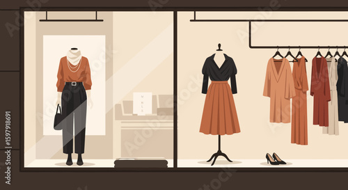 Elegant Clothing Display In Boutique Showcases Autumn Fashion Collection Items