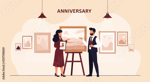 Elegant Couple Celebrating Anniversary Amidst Art Gallery Scene Illustration