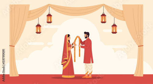 Couple Performing Rituals At A Traditional Hindu Wedding Ceremony Backdrop