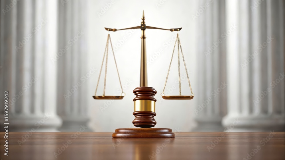 Golden Scales of Justice on a Polished Wooden Base in a Grand Legal Setting with Elegant Columns in Background Golden Scales of Justice on a Polished Wooden Base in a Grand Legal Setting with Elegant Columns in Background