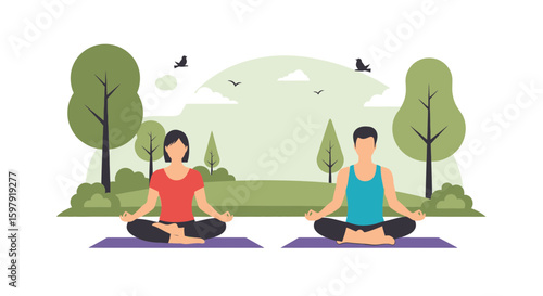 Couple Practicing Outdoor Meditation And Mindfulness In Nature Park For Well Being