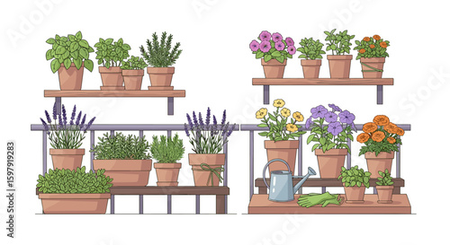 Balcony Garden with Potted Plants and Flowers Illustration