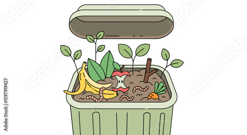 Composting bin illustration with food waste and worms