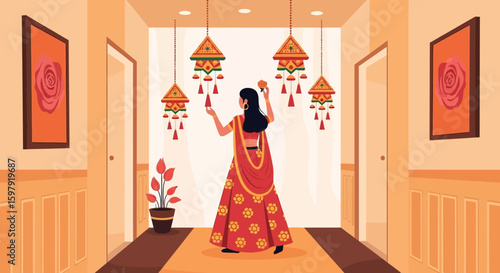 Celebrating Diwali Traditional Festive Decorations in Home Interior Illustration