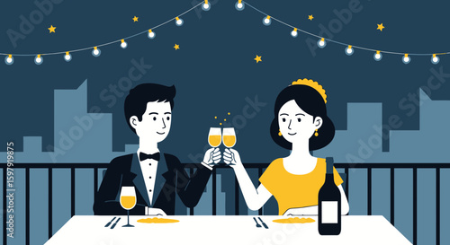 Elegant Couple Toasting Glasses At Romantic Rooftop Dinner Under String Lights
