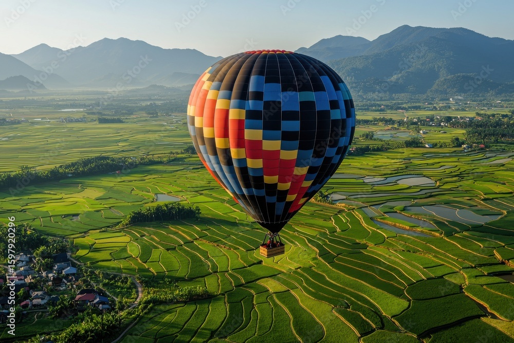 Fototapeta premium Colorful hot air balloon floats over rice fields with distant mountains