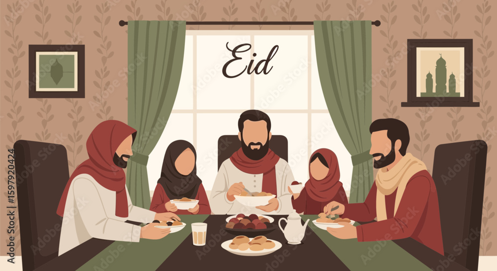 Fototapeta premium Celebrating Eid Al-Fitr: A Family Gathering For Traditional Meal Illustration