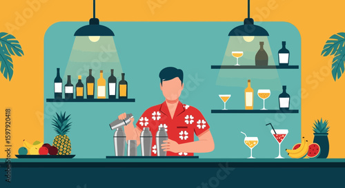 Bartender Mixing Cocktails In A Tropical Bar Serving Exotic And Fresh Drinks