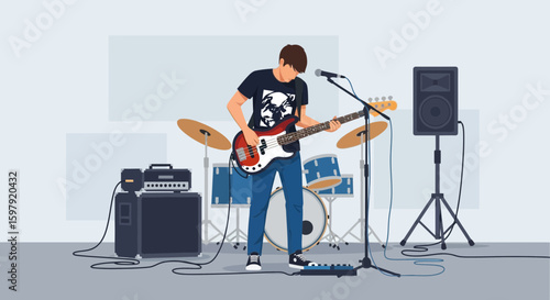 Bass Guitarist Performing On Stage With Drum Set And Amplifier In The Background