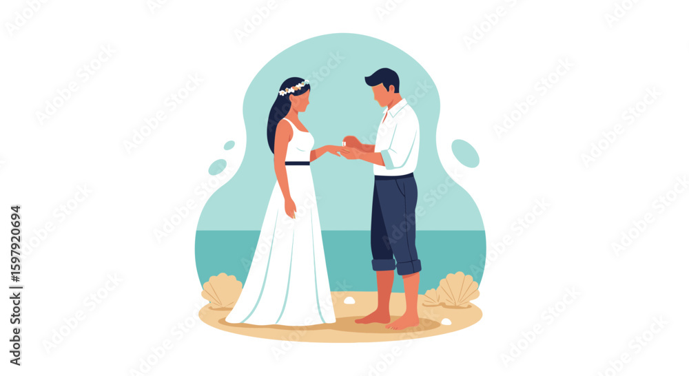 Fototapeta premium Beach Ceremony For Young Couple Exchange Rings Near Seaside Backdrop
