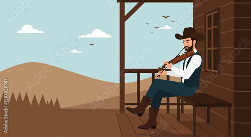 Cowboy Serenading The Desert With His Violin From The Porch On A Peaceful Afternoon