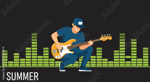 Bass Player Performing Live With Graphic Equalizer Background For Music Events