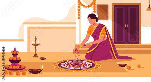 Celebrating Festival Season Indian Woman Creates Rangoli Art During Auspicious Occasion