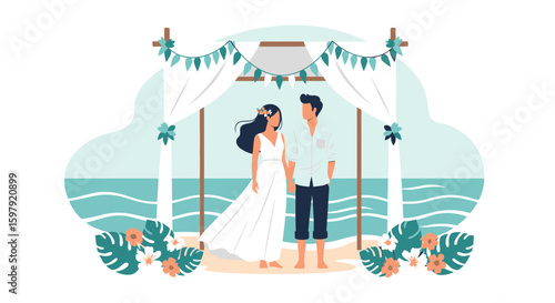 Beach Wedding Ceremony With Happy Couple Under Decorated Archway Romance Scene