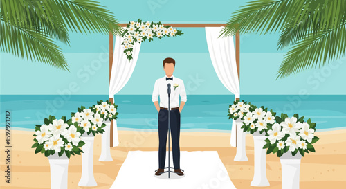 Beach Wedding Ceremony Featuring Officiant Amidst Floral Decorations And Ocean View