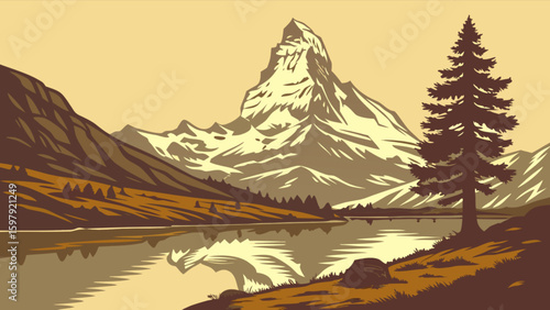 Mountain landscape vector illustration of scenic mountain range and lake with pine tree and reflections