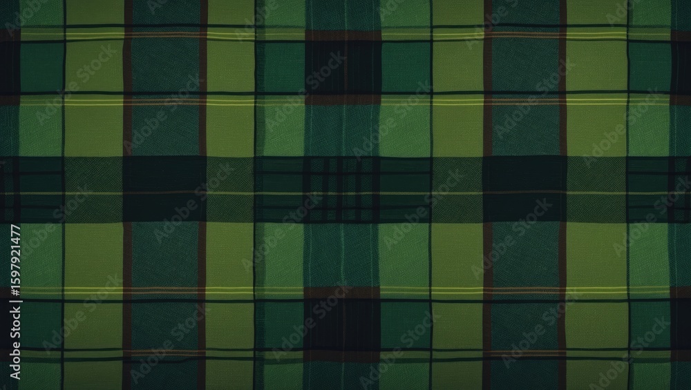 Obraz premium A close-up view of a green and black plaid fabric pattern with intersecting lines and checks.