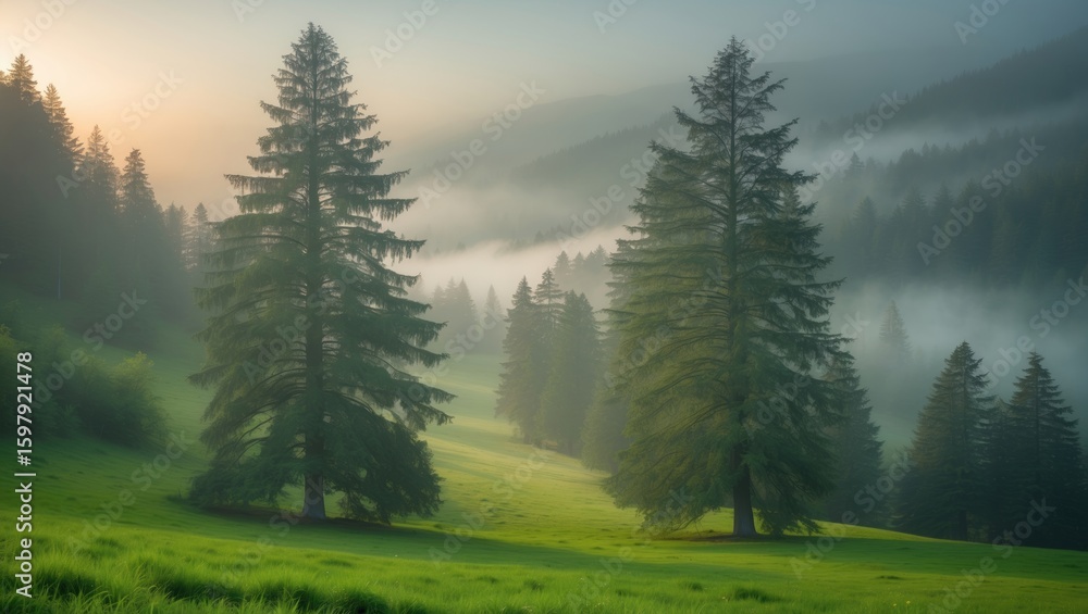Fototapeta premium Lush green landscape with tall pine trees, foggy mountains in the background, and soft early morning light illuminating the scene.