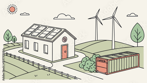 Sustainable living with solar panels wind turbines and container homes in a green energy landscape design