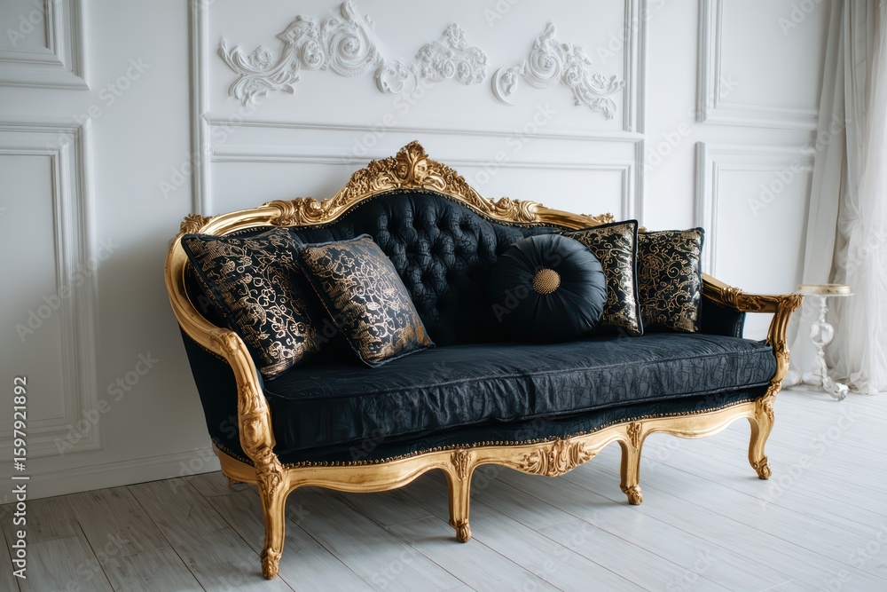 Fototapeta premium Luxurious Baroque-style black and gold sofa with velvet upholstery and golden carved details, contrasting modern minimalist interior decor.