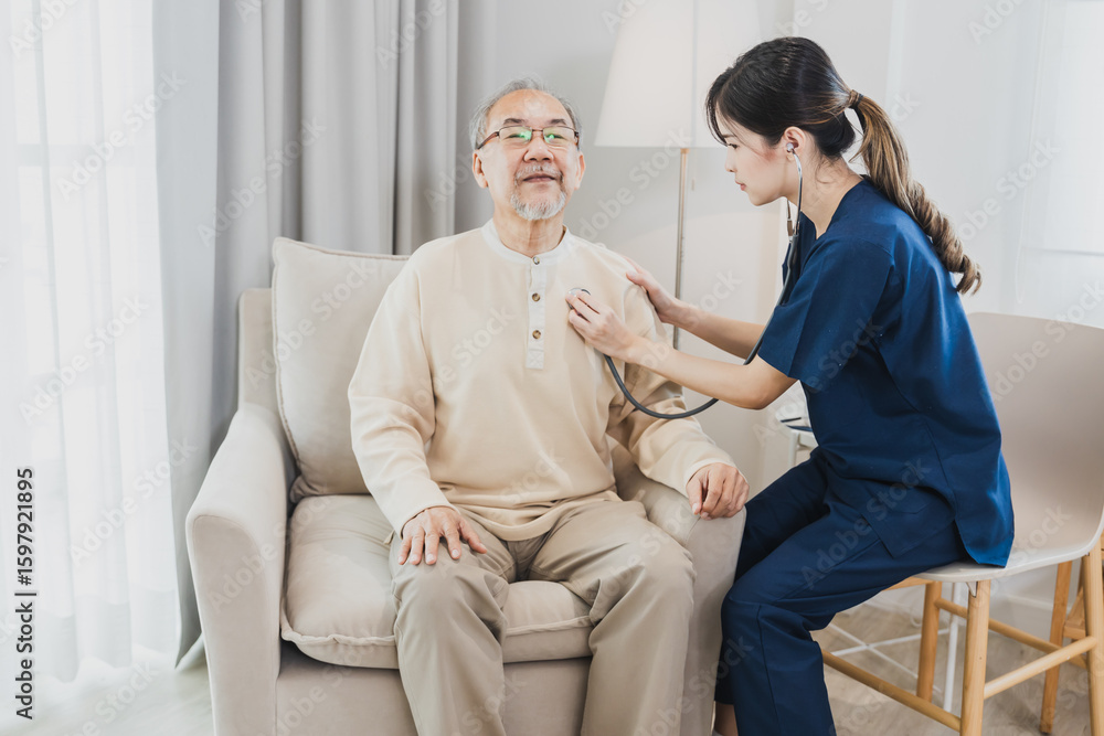 Obraz premium Happy woman nurse, daughter take care to sick old senior elderly patient in home or house in medical and healthcare treatment.