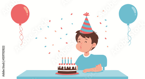 Birthday Boy With Balloons Cake And Party Hat Celebration Moment