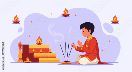 Celebrating Festive Traditions Indian Boy Praying During Diwali Ceremony At Home