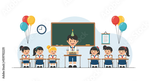 Birthday Celebration In Classroom With Smiling Children And Festive Decorations
