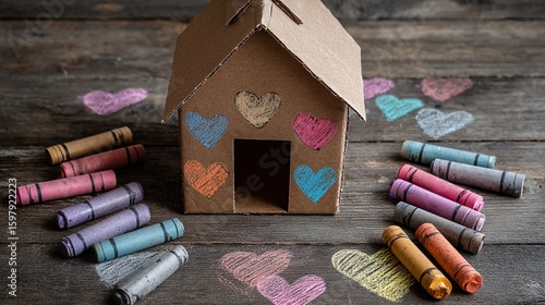 cardboard house with hand-drawn architectural details

