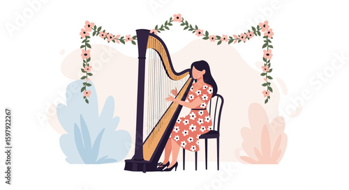 Elegant Harpist Performing on Floral Decorated Stage For Celebration Event