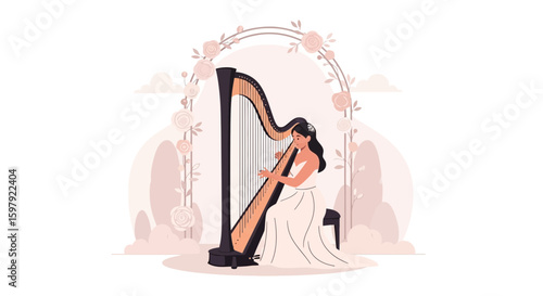 Elegant Harpist Performing Under Floral Archway For Special Occasion Event