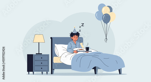 Birthday Morning Surprise In Bed With Balloons And Celebration Breakfast