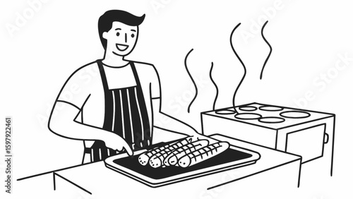 Chef cooking sausages barbecue on stove top grill vector illustration outline drawing for food concept