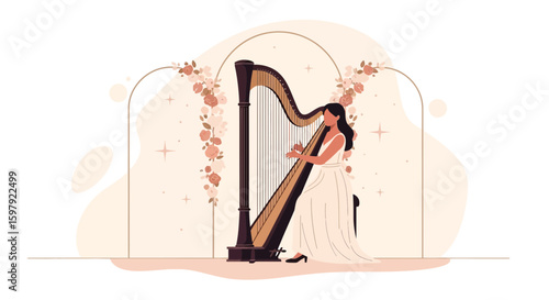 Elegant Harpist Performs Under Floral Archway In Minimalist Style Illustration