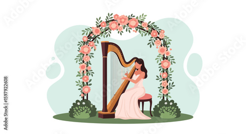 Elegant Harpist Performs At A Wedding Ceremony With Floral Decorations