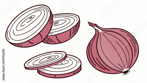 Red onion slices vector illustration for cooking recipes and culinary design one hundred characters