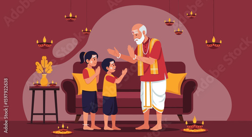 Blessing Ceremony A Grandfather Bestowing Blessings On Grandchildren During A Hindu Festival