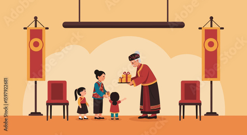 Celebrating Generosity An Elderly Woman Giving Presents To Children With Traditional Clothing
