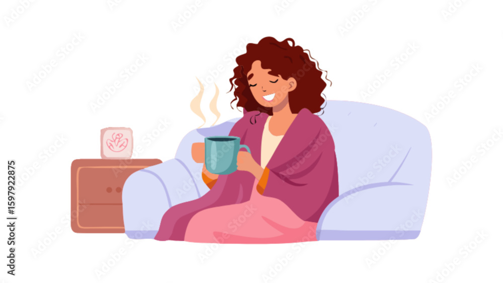 Cozy home relaxation concept woman drinking tea on sofa with blanket and bedside table illustration vector Cozy home relaxation concept woman drinking tea on sofa with blanket and bedside table illustration vector