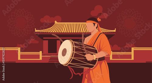 Elegant Illustration Of Asian Musician Performing With Traditional Drum In Temple