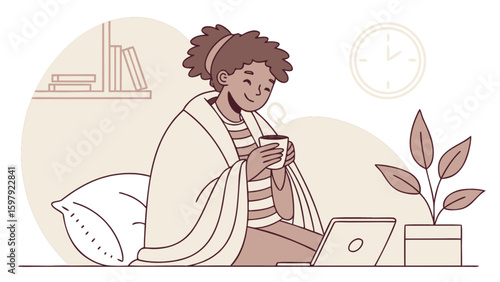 Woman working from home with laptop and coffee enjoying cozy time in blanket illustration vector design