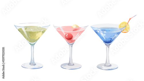 Watercolor cocktail glasses illustration for bar menu and drink recipe blog, party and celebration art