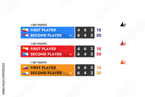 Tennis vector banner template for tv broadcast game and score keeping on white background