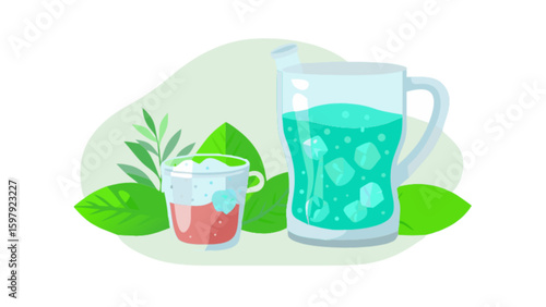 Refreshing summer drinks illustration with ice cubes in a glass and pitcher for beverage concepts design