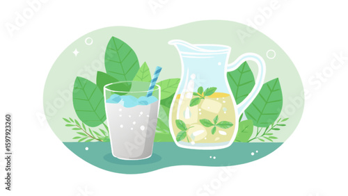 Refreshing summer beverage lemonade with mint leaves and ice cubes in glass and pitcher illustration